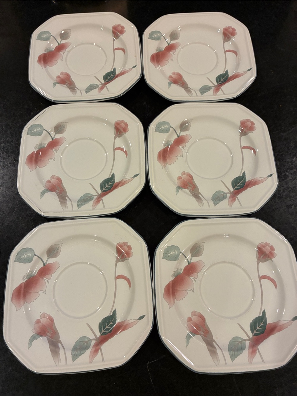 1980’s Mikasa Set of 6 Floral Porcelain Saucer Plates in Pink and Green